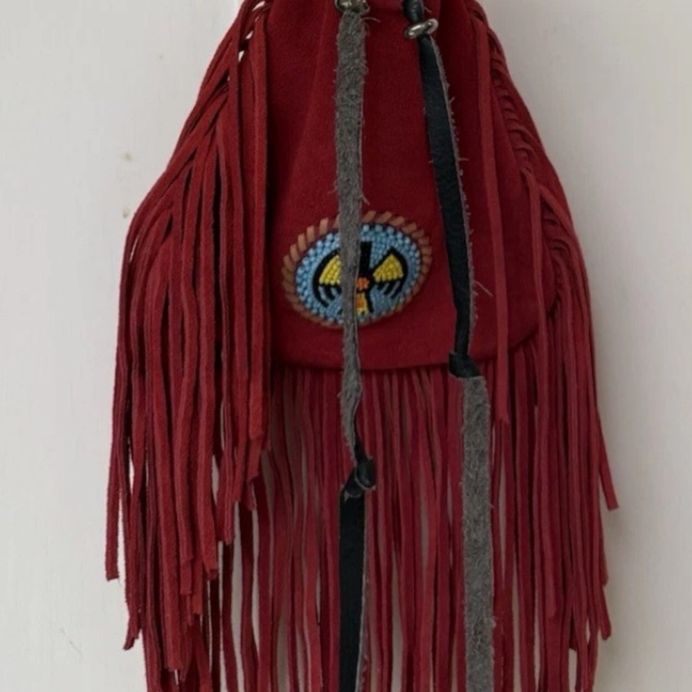 Native American Indian leather fringe bag with beaded thunderbird rosette VGUC - Picture 5 of 6